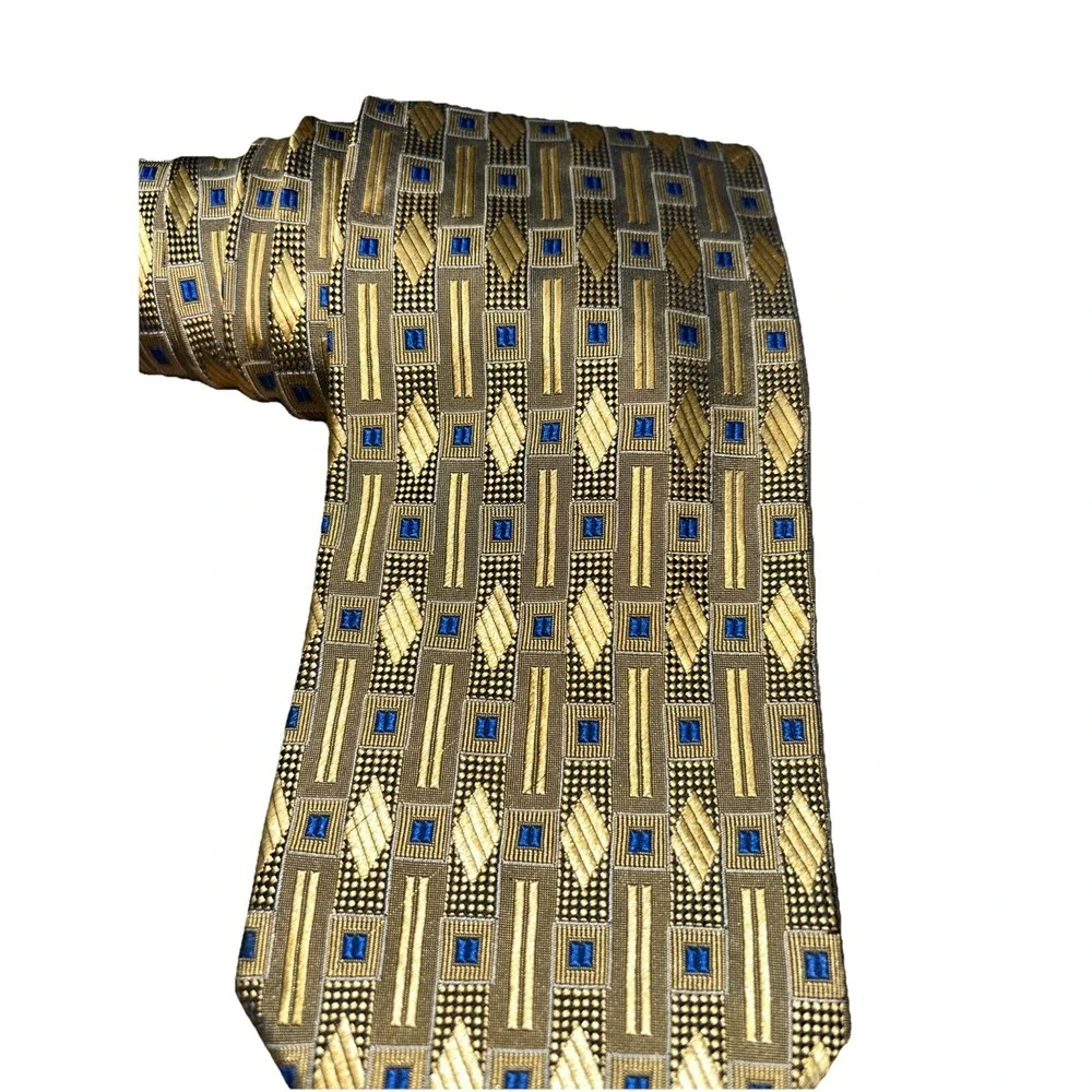 Villa Bolgheri Italia Gold Geometric 100% Seta Silk Men's Neck Tie Italy‎ 58